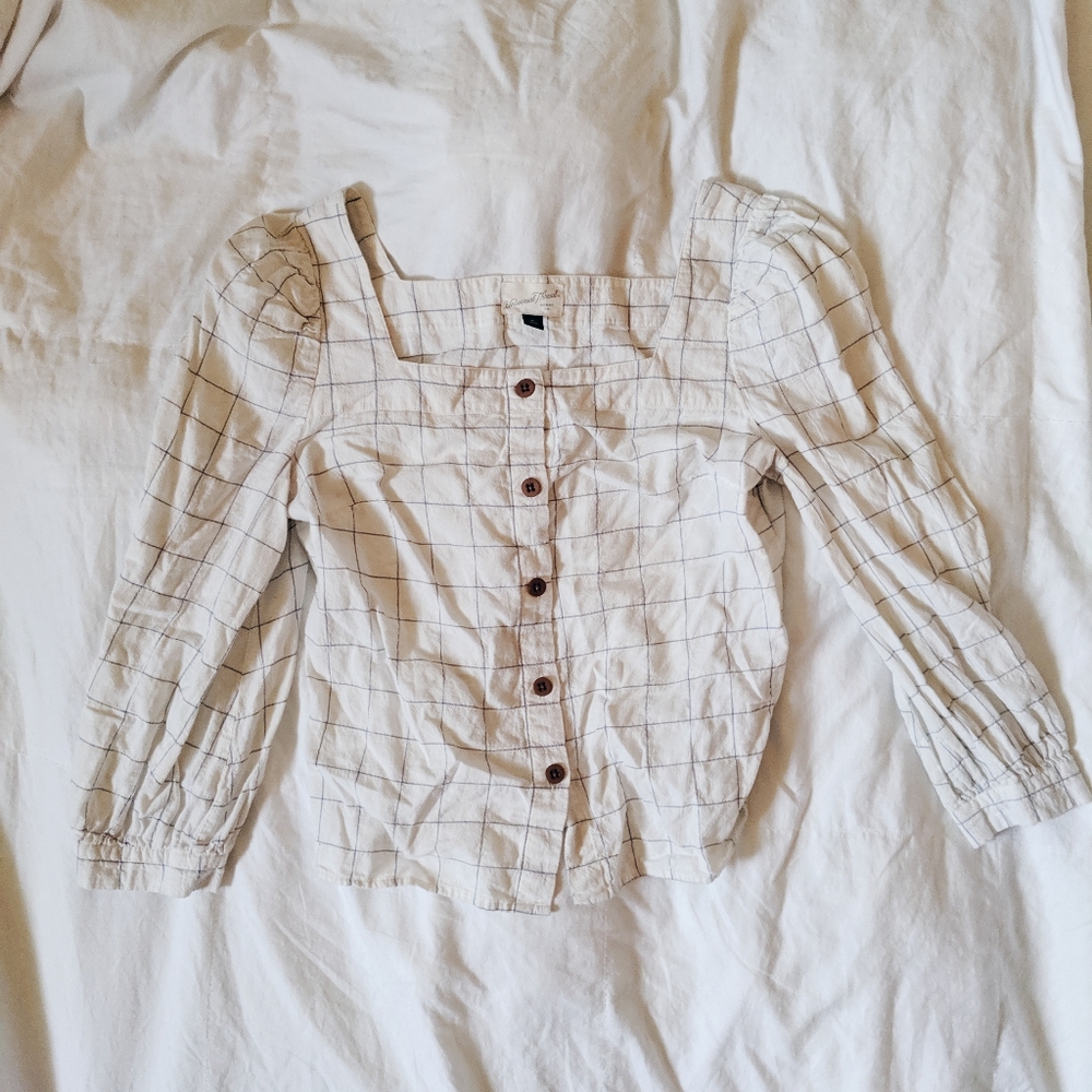Cream and Blue Pinstripe Plaid Button Down Blouse